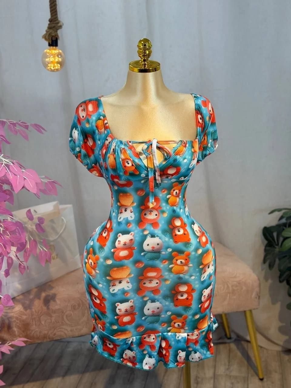 فستان نسائي قصير بطبعة الدببة 🧸💙